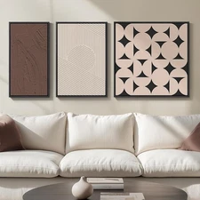 Framed Boho Neutral Abstract Wall Art Set of 3, Brown Beige Black Modern Canvas 