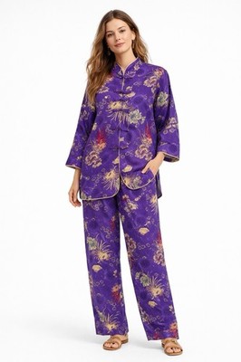 Vintage Asian 2-Pc Lounge Set L Purple Chinese Jacket Pants Frog Closure