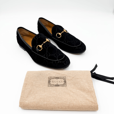 Gucci GG Jordaan Horsebit Monogram Black Velvet Flat Loafers  display picture 2