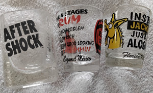 3 DIFFERENT NICE VINTAGE SHOT GLASSES AFTER SHACK JACKASS  RUM STAGES