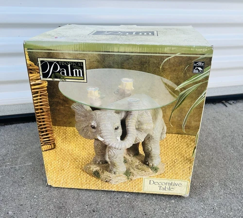 Vintage Glass Top Elephant SMALL  15” Accent Table Home Decor Tropical Palm NEW
