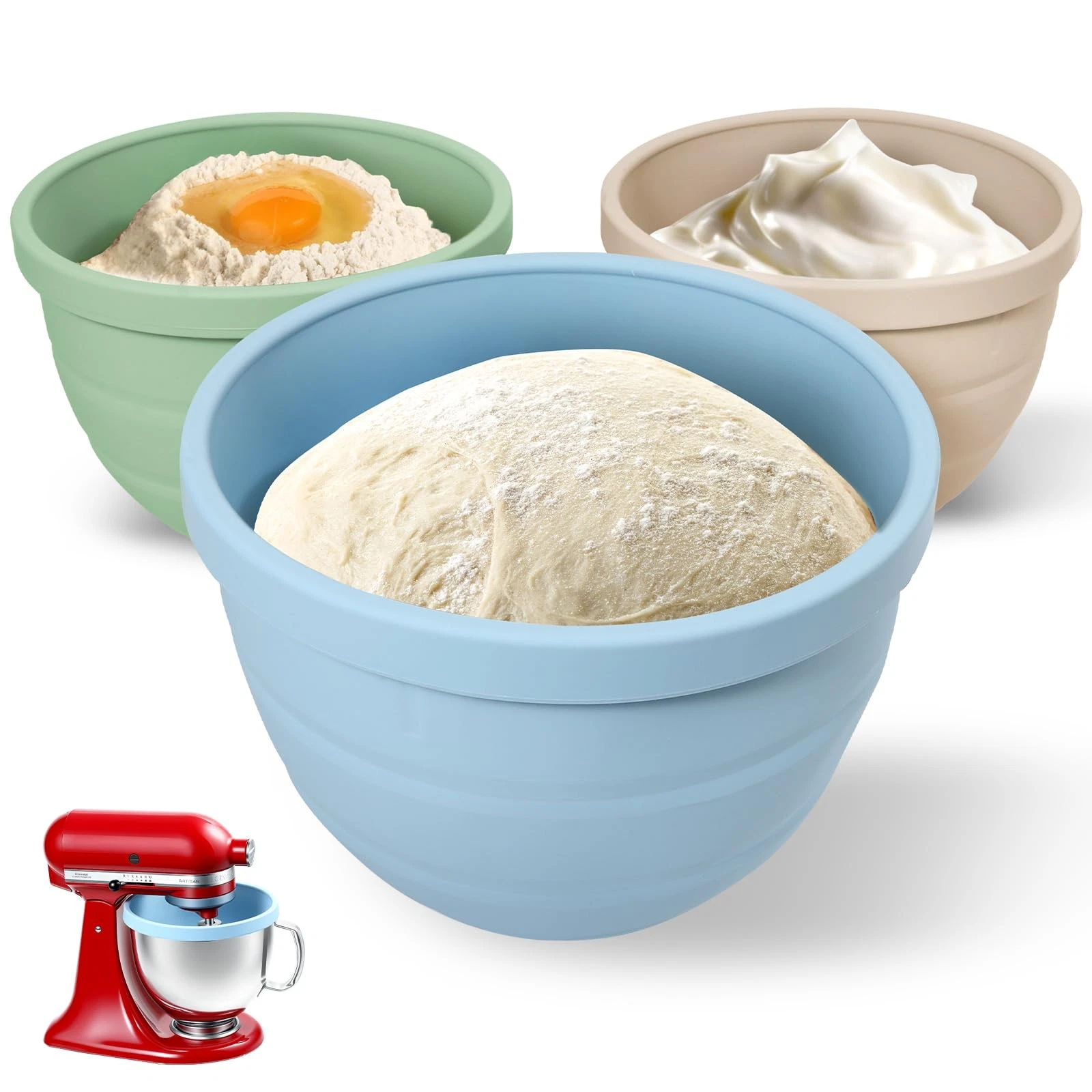Collapsible Silicone Liners for KitchenAid Tilt-Head 5 Qt Mixers, 3-Pack Bowl...