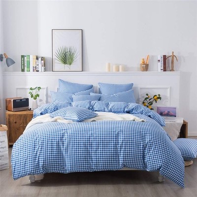 Blue Grid Duvet Cover Set Twin 100% Cotton Ultra Soft Plaid Bedding Reversibl...