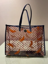 TORY BURCH Lizzie EW Large Clear TOTE BAG 2 Blue Leather Top Handle Birds & Dots