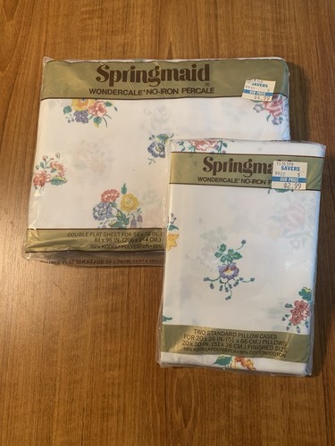 NEW Vtg Springmaid percale Double Full Flat Sheet 2 Pillowcases Floral - Picture 1 of 6