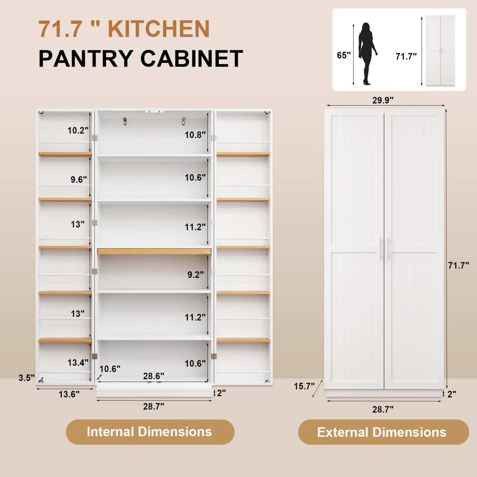 72" Kitchen Pantry Cabinet with Doors and Adjustable Expandable Shelves Cupboard - Image 4 of 4