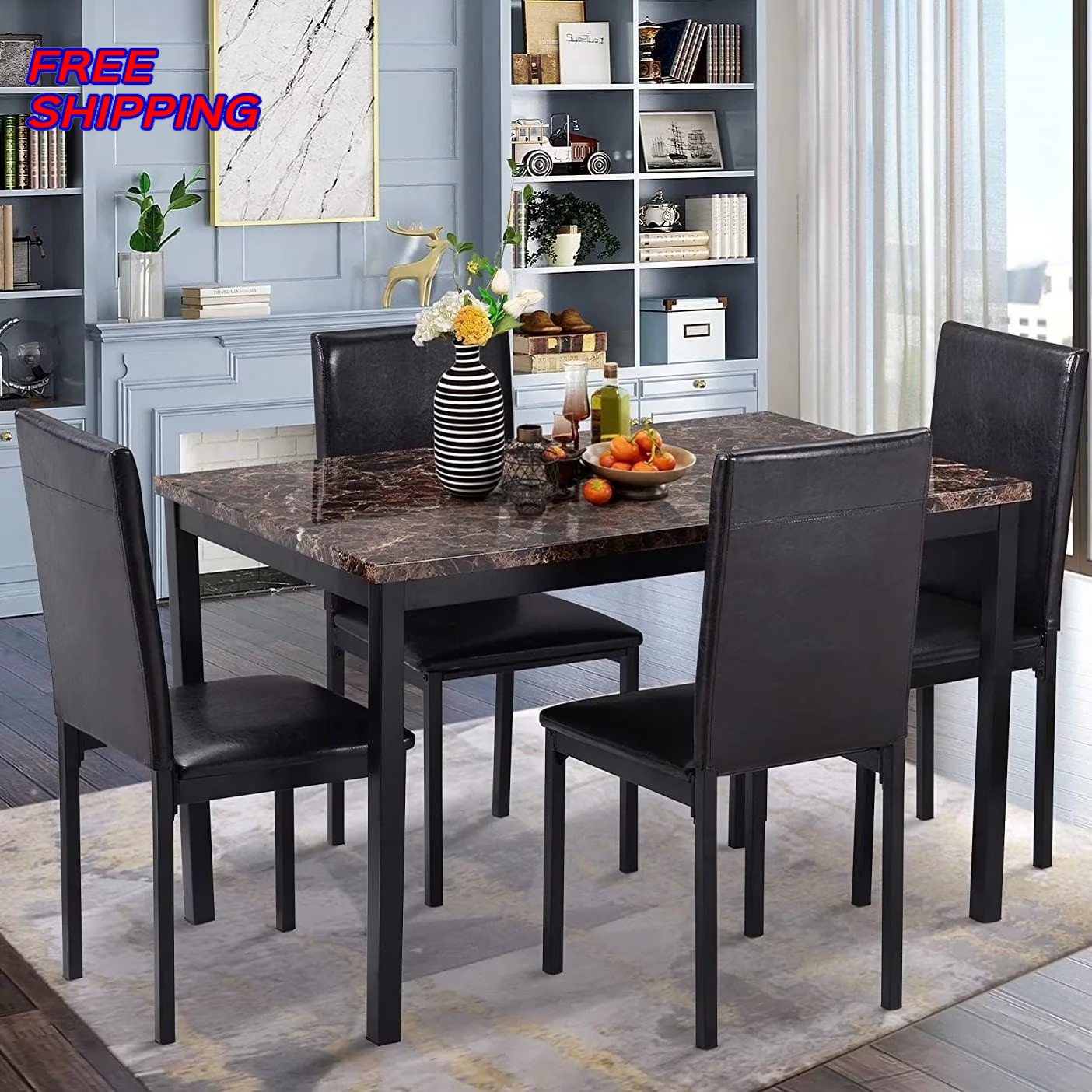 5 Piece Dining Room Table Set 4 Faux Leather Chairs Faux Marble Kitchen Table