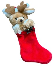 Vintage Christmas Stocking 3D Plush Reindeer with Santa Hat
