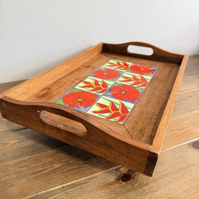 Wood Tray With Tiles Hand Painting Made In Costa Rica Tropical Colors