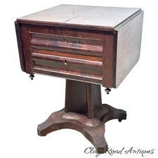 Antique Nightstand flame mahogany 1830s empire work table 2 drawer sewing stand