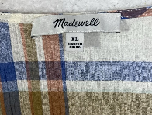 Top blusa Madewell donna taglia XL blu marrone a quadri volant SS cotone top - Foto 2 di 5