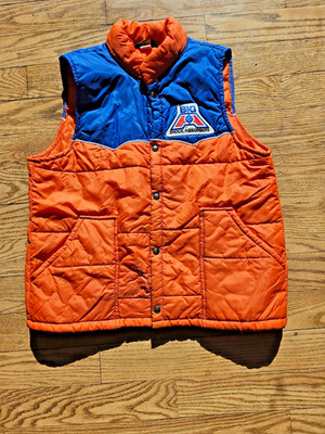 Vintage 80s Big A Shock Absorbers Puffer Vest Orange Blue Bonner Springs USA L