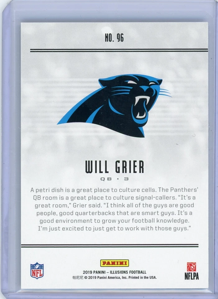 2019 Panini Illusions Wil Grier Carolina Panthers Base Rookie Card #96 - Image 2 of 2