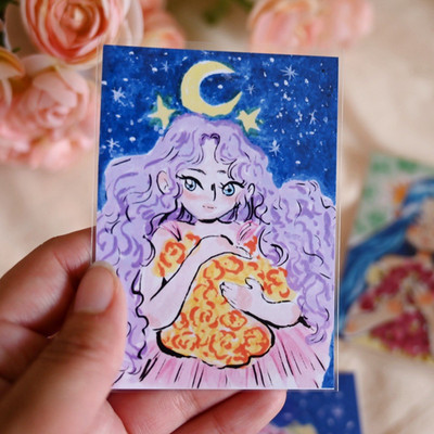  ACEO PRINT Anime-Style Illustration Cute Maiden Moon Stars Flowers By Sinai Art