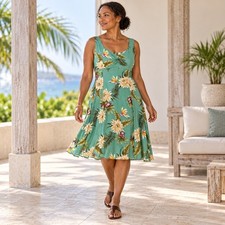 Two Palms Dress Womens Large Green Tropical Floral Hawaii Rayon Midi Sundress