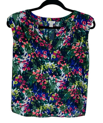 J. Crew Green Pink Floral Top Women's Size 2 Sleeveless V-Neck Tropical Vacation