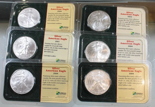 New ListingLot of 6, 2001, 2003, 2004 BU American Silver Eagles !!