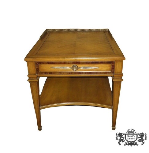 Vintage Weiman Mid Century Inlaid Side Table with Drawer, Shelf & Brass Gallery