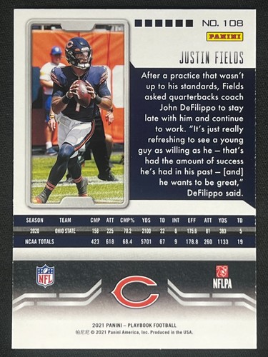 JUSTIN FIELDS 2021 Panini Playbook Purple Parallel Base Rookie RC #108 | Bears - Picture 2 of 2