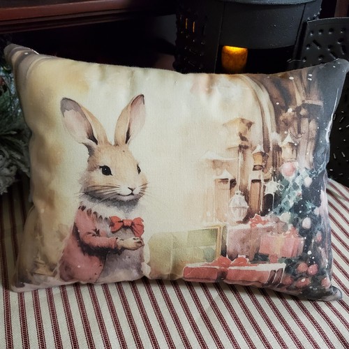PRIMITIVE VINTAGE VICTORIAN COLONIAL STYLE CHRISTMAS RABBIT BUNNY GIFTS PILLOW - Picture 3 of 10