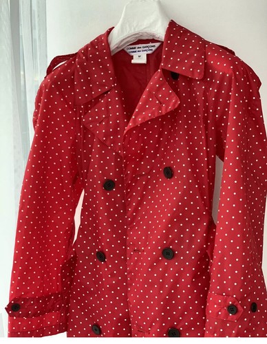 COMME DES GARCONS Red White Polka Dot Belted Raincoat Trench Jacket Medium - Picture 2 of 8