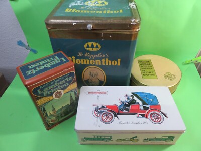 4 alte Blechdosen,Dr.Kepplers Biomentho,Eduscho-Kaffee,Du mont dore, Lambertz