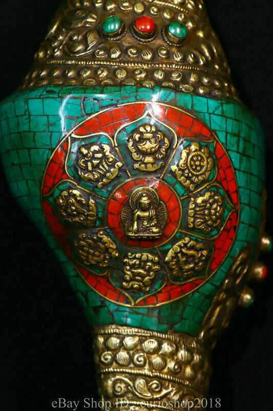 13.6 " Old Tibet Copper Inlay Turquoise Eight Treasures Conch Shell Trumpet Horn