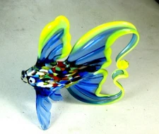 glass animal Betta Gold fish murano style art figurine hand blown blue yellow 4"
