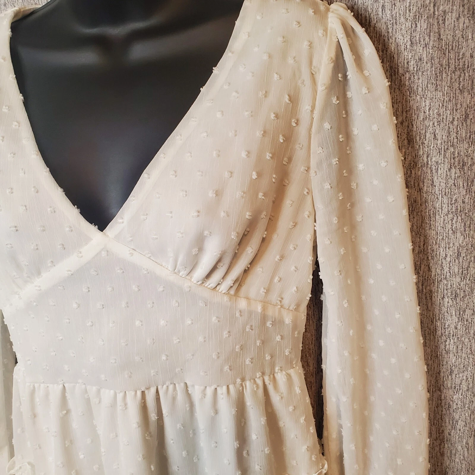 OFF WHITE Abito Altar’d State Off bianco testurizzato a pois M vestito boho trasparente manica a sbuffo