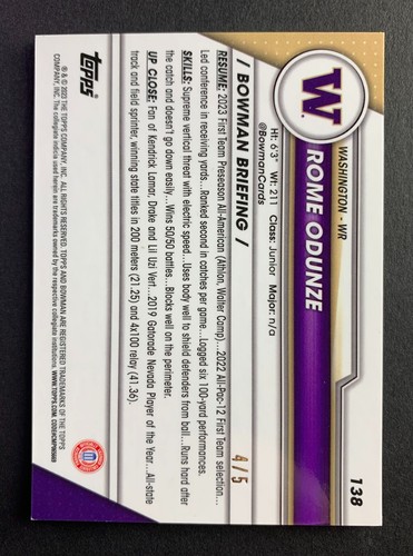 ROME ODUNZE 2023 BOWMAN UNIVERSITY CHROME RED SHIMMER REFRACTOR 4/5 CARD #138 - Picture 6 of 10