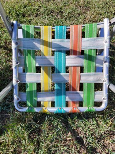 Vintage 1970s Adult Webbed Aluminum Folding Lawn Chairs Yellow Orange Green Blue - Picture 7 of 13