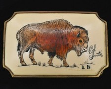 Solid Brass Bison Buffalo White Plastic Carving 1970s Vintage Belt Buckle