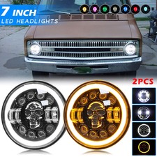 7 Round Led Headlightshalo Rgb Skull Drl Pair Fit Ford Deluxe 1939-1951