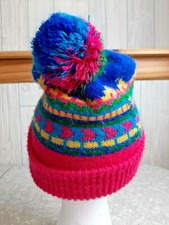 Vintage 80s 90s Kid's Winter Hat PomPom Beanie Adult's Small Vibrant Colors