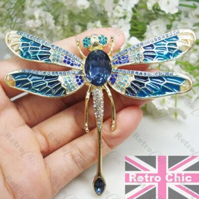 Wunderschöne RIESIGE 9cm GROSSE LIBELLE BROSCHE Retro Anstecknadel BLAUER GLASSTEIN Gold Finish