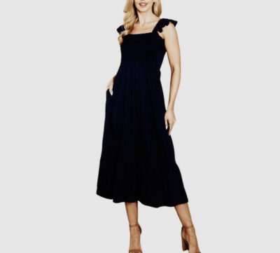 You & Me Boutique Smocked Top Ruffle Hem/Sleeve Midi Dress Women s S (4/6) Black