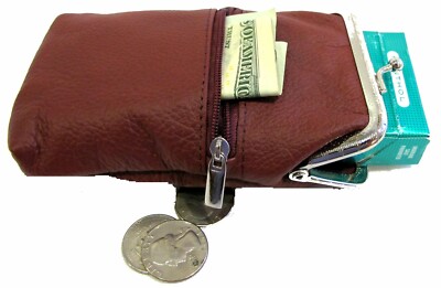 Women's ALL Leather Cigarette Case Lighter Match Pocket Zipper Coin Pouch - WINE