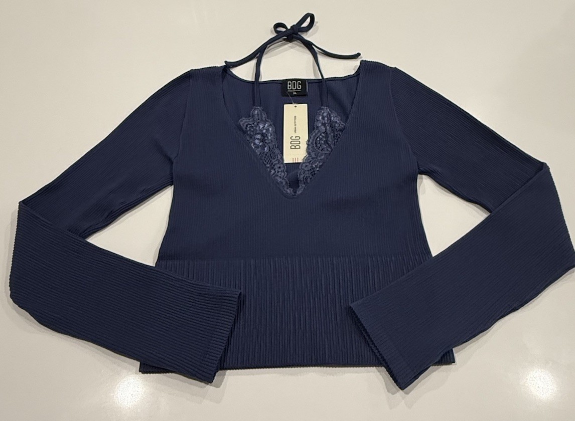 NWT BDG Urban Outfitters XL Ribbed Lace Halter Long Sleeve Top Blue Stretch