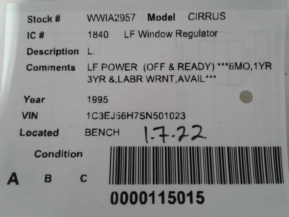 Used Front Left Door Window Regulator Front fits: 1995 Chrysler Cirrus electric Foto 4 de 4