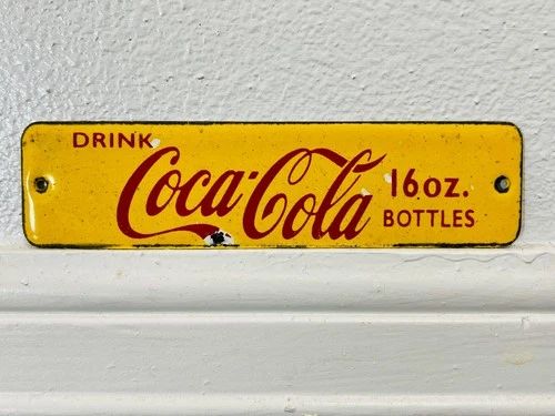 VINTAGE DRINK COCA-COLA 16 OZ BOTTLES CRATE TAG PORCELAIN SIGN 6" × 1.5"