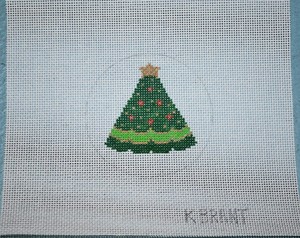 hand painted needlepoint canvas #18 Christmas tree ornament wide green band 3"