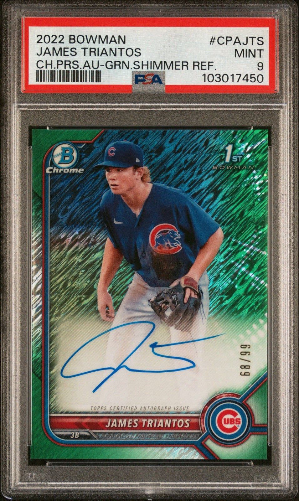 2022 Bowman Chrome James Triantos 1st Auto Green Shimmer /99 PSA 9 Cubs RC