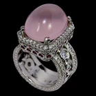 NATURAL AAA ROSE QUARTZ OVAL & WHITE CZ STERLING 925 SILVER RING SIZE 8