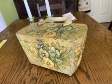 Vintage Wooden Box Purse with Metal hardware 70’s raised Flowers Mirror Inside