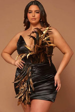 Fashion Nova Women's Jessy Mini Dress Plus Sz 1X Black Satin Feather Cocktail