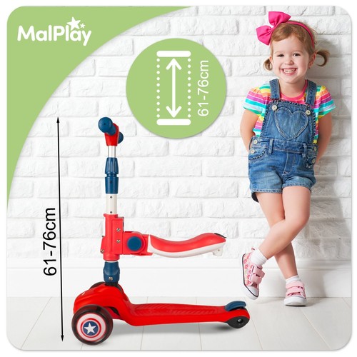 Malplay Kinderroller Dreirad Scooter mit Sitz Räder LED Cityroller 2in1 Rot - Bild 7 von 16