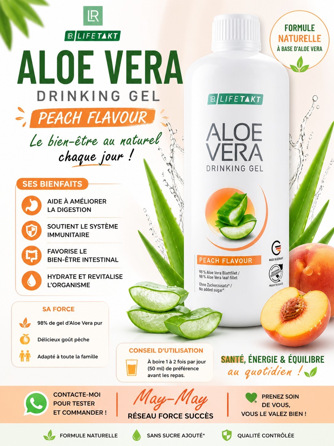 LR Lifetakt Aloe Vera Drinking Gel pêche boisson détoxifiante enrichie en vitamine C