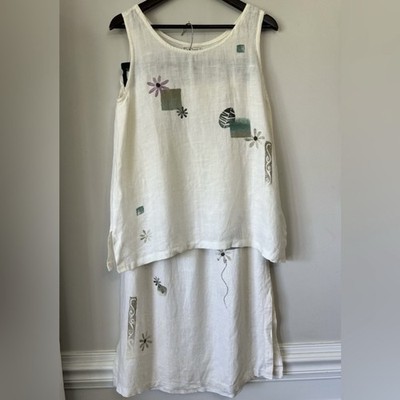 Vtg Play Alegre Handpainted Linen 2 Pc Skirt Set Top M/L Skirt S/M Art To Wear