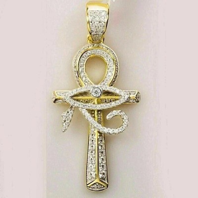 2Ct Round Cut D/VVS1 Moissanite Men's Ankh Cross Pendant 14k Yellow Gold Plated