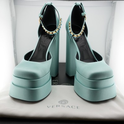 Versace Medusa Aevitas Leather Teal Blue Satin Platform Pumps Women 9